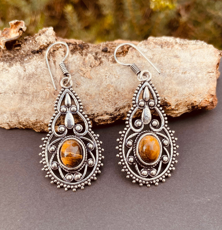 Tiger Eye earrings Silver Drop Dangle earrings / Birth Stone / Ethnic / rustic, yoga, hippie, gypsy, pretty, psy, boho, bohemian, festival