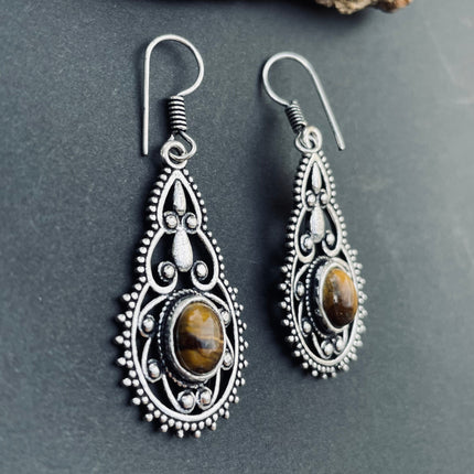 Tiger Eye earrings Silver Drop Dangle earrings / Birth Stone / Ethnic / rustic, yoga, hippie, gypsy, pretty, psy, boho, bohemian, festival