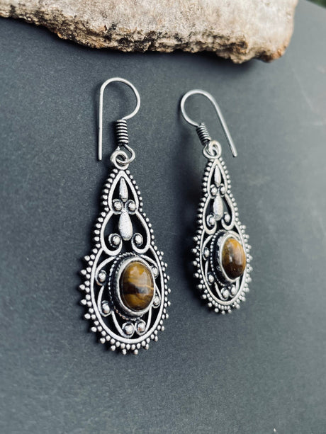 Tiger Eye earrings Silver Drop Dangle earrings / Birth Stone / Ethnic / rustic, yoga, hippie, gypsy, pretty, psy, boho, bohemian, festival