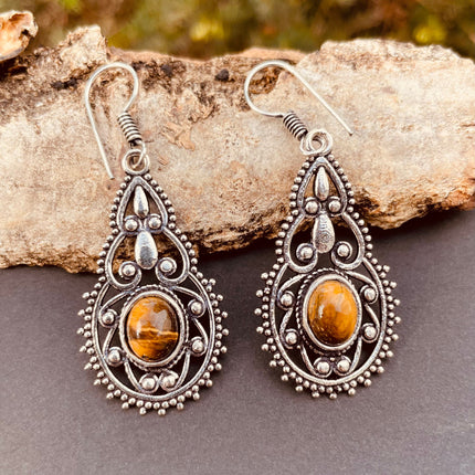 Tiger Eye earrings Silver Drop Dangle earrings / Birth Stone / Ethnic / rustic, yoga, hippie, gypsy, pretty, psy, boho, bohemian, festival