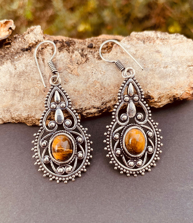 Tiger Eye earrings Silver Drop Dangle earrings / Birth Stone / Ethnic / rustic, yoga, hippie, gypsy, pretty, psy, boho, bohemian, festival