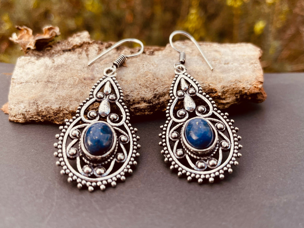 Lapis Lazuli earrings Silver Drop Dangle earrings / Birth Stone / Ethnic / rustic, hippie, gypsy, pretty, psy, boho, bohemian, festival