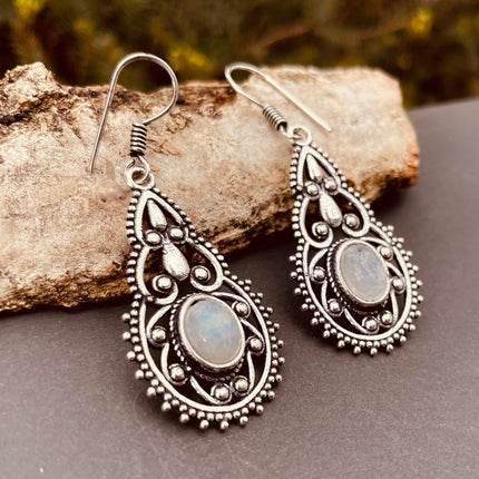 Silver Moonstone Earrings Drop Dangle earrings / Birth Stone / Ethnic / rustic, yoga, hippie, gypsy, pretty, psy, boho, bohemian, festival