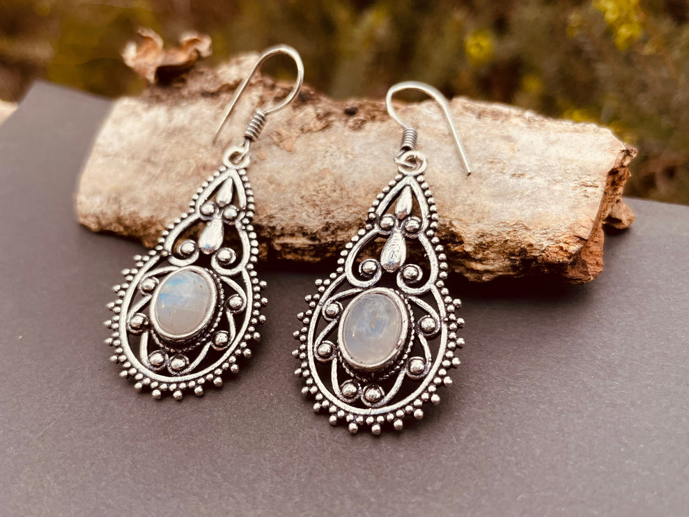 Silver Moonstone Earrings Drop Dangle earrings / Birth Stone / Ethnic / rustic, yoga, hippie, gypsy, pretty, psy, boho, bohemian, festival