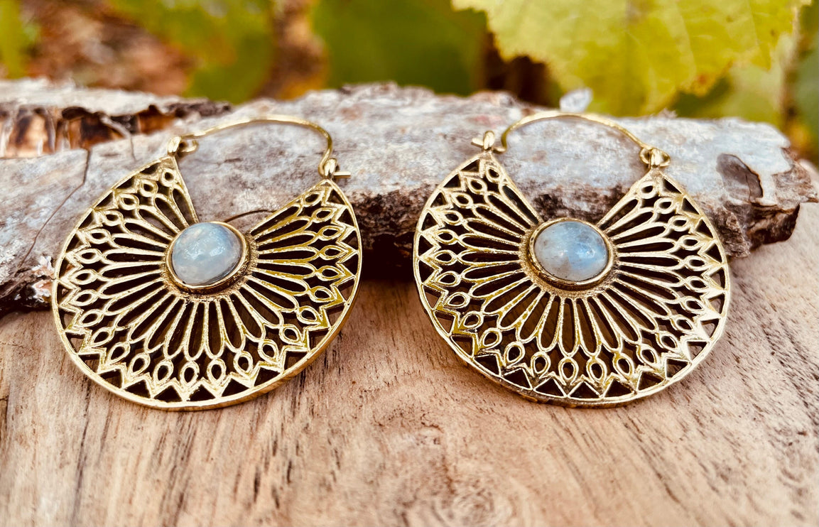 Moonstone Earrings Golden Ethnic, rustic, yoga, hippie, gypsy, pretty, psy, boho, bohemian, festival