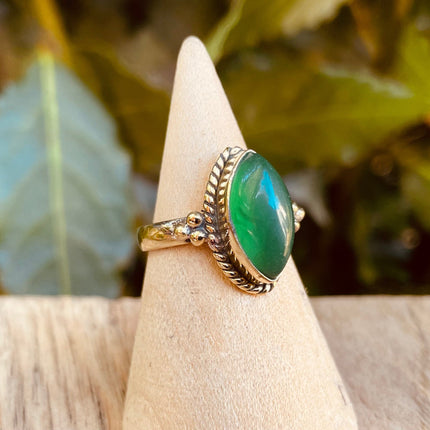 Boho Green Onyx Brass Ring / Pretty / Ethnic / Rustic / Festival / Tribal / Blue / Hippie / Gypsy / Psy / Stone / Healing