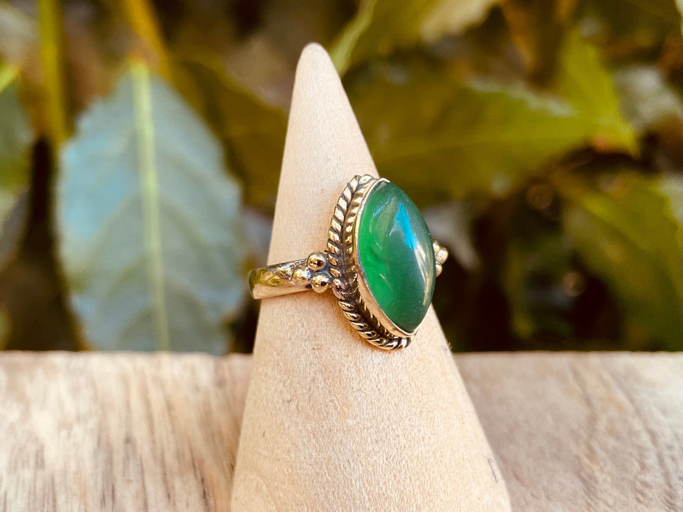 Boho Green Onyx Brass Ring / Pretty / Ethnic / Rustic / Festival / Tribal / Blue / Hippie / Gypsy / Psy / Stone / Healing