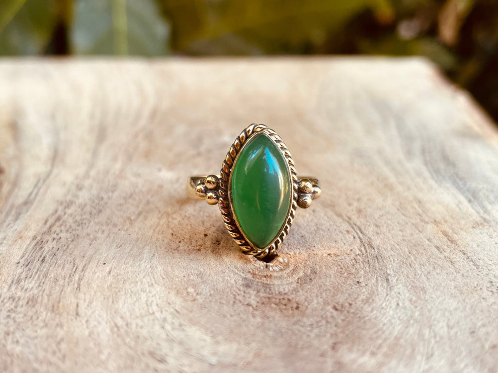 Boho Green Onyx Brass Ring / Pretty / Ethnic / Rustic / Festival / Tribal / Blue / Hippie / Gypsy / Psy / Stone / Healing