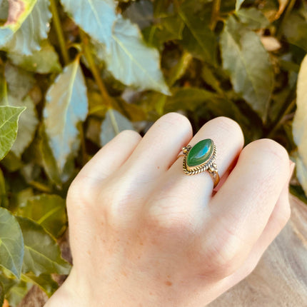 Boho Green Onyx Brass Ring / Pretty / Ethnic / Rustic / Festival / Tribal / Blue / Hippie / Gypsy / Psy / Stone / Healing