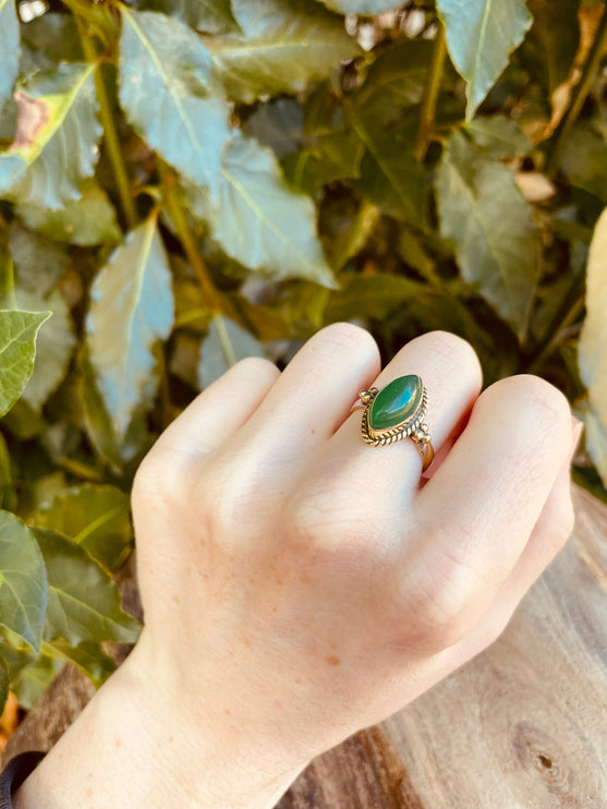 Boho Green Onyx Brass Ring / Pretty / Ethnic / Rustic / Festival / Tribal / Blue / Hippie / Gypsy / Psy / Stone / Healing