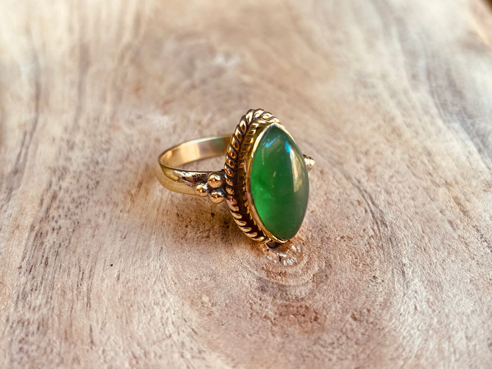 Boho Green Onyx Brass Ring / Pretty / Ethnic / Rustic / Festival / Tribal / Blue / Hippie / Gypsy / Psy / Stone / Healing