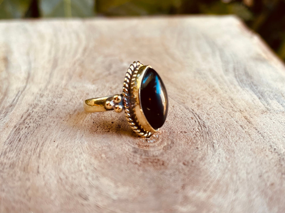 Ethnique Bague Laiton Onyx Noir / Chakra / Boho / Mixte / Bohemian / Rustique / Tribal / Festival / Soigner / Festival / Bijou / Joli