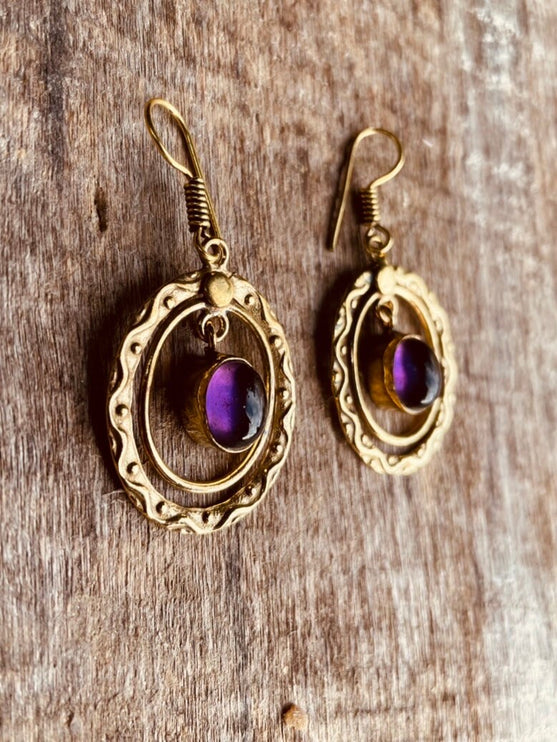 Amethyst Earrings Dangle Brass Ethnic, rustic, yoga, hippie, gypsy, pretty, psy, boho, bohemian, festival