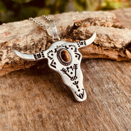 Tiger Eye Silver Cow Necklace / Talisman / Third Eye / Hypoallergenic / Brass / Boho / Inca / Ethnic / Illuminati