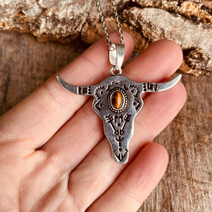 Tiger Eye Silver Cow Necklace / Talisman / Third Eye / Hypoallergenic / Brass / Boho / Inca / Ethnic / Illuminati