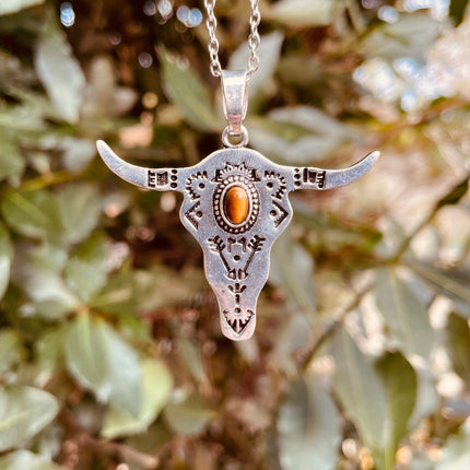 Tiger Eye Silver Cow Necklace / Talisman / Third Eye / Hypoallergenic / Brass / Boho / Inca / Ethnic / Illuminati