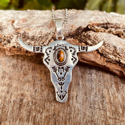 Tiger Eye Silver Cow Necklace / Talisman / Third Eye / Hypoallergenic / Brass / Boho / Inca / Ethnic / Illuminati
