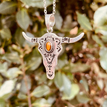 Tiger Eye Silver Cow Necklace / Talisman / Third Eye / Hypoallergenic / Brass / Boho / Inca / Ethnic / Illuminati