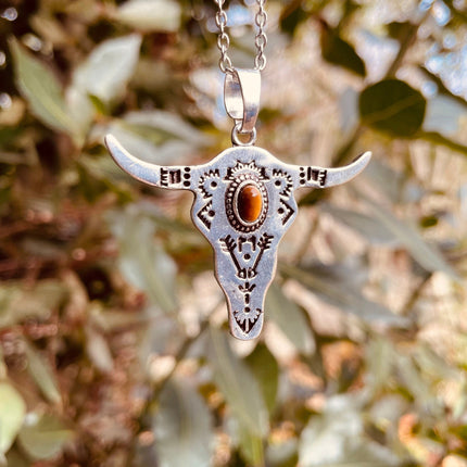 Tiger Eye Silver Cow Necklace / Talisman / Third Eye / Hypoallergenic / Brass / Boho / Inca / Ethnic / Illuminati