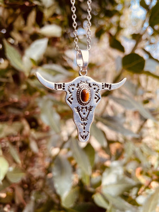Tiger Eye Silver Cow Necklace / Talisman / Third Eye / Hypoallergenic / Brass / Boho / Inca / Ethnic / Illuminati