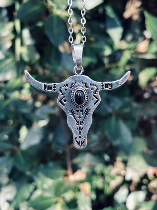 Black Onyx Silver Cow Necklace / Talisman / Third Eye / Hypoallergenic / Brass / Boho / Inca / Ethnic / Illuminati