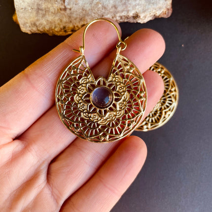 Amethyst Earrings Brass Ethnic, rustic, yoga, hippie, gypsy, pretty, psy, boho, bohemian, festival