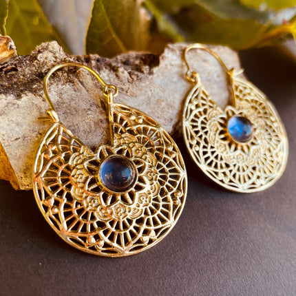 Amethyst Earrings Brass Ethnic, rustic, yoga, hippie, gypsy, pretty, psy, boho, bohemian, festival