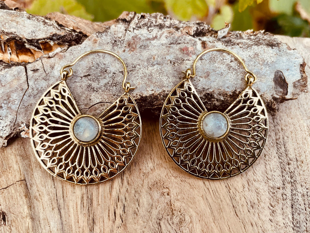 Moonstone Earrings Golden Ethnic, rustic, yoga, hippie, gypsy, pretty, psy, boho, bohemian, festival