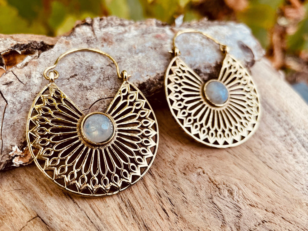 Moonstone Earrings Golden Ethnic, rustic, yoga, hippie, gypsy, pretty, psy, boho, bohemian, festival