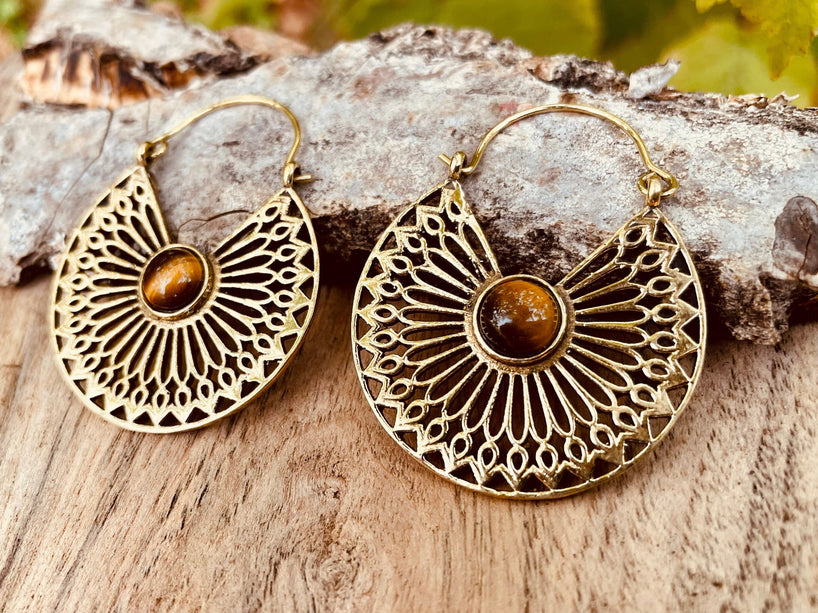 Tiger Eye & Brass Hoop Earrings Ethnic, rustic, yoga, hippie, gypsy, pretty, psy, boho, bohemian, festival