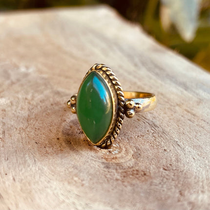 Boho Green Onyx Brass Ring / Pretty / Ethnic / Rustic / Festival / Tribal / Blue / Hippie / Gypsy / Psy / Stone / Healing