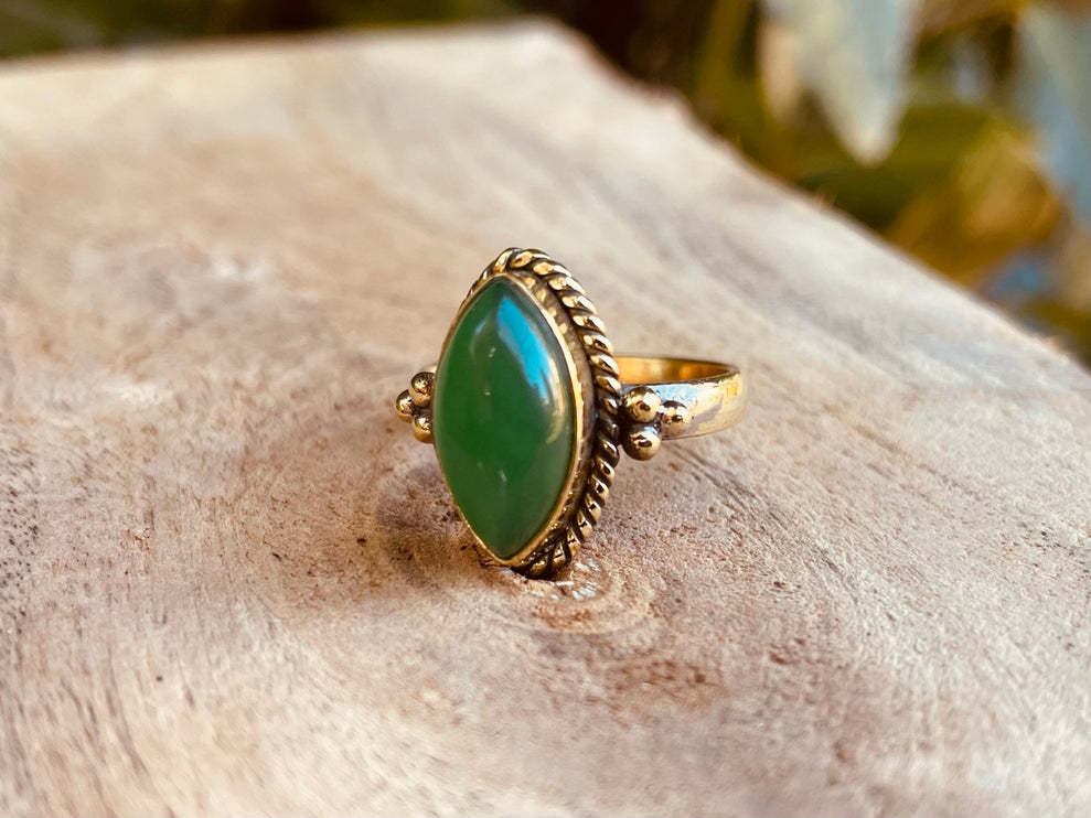 Boho Green Onyx Brass Ring / Pretty / Ethnic / Rustic / Festival / Tribal / Blue / Hippie / Gypsy / Psy / Stone / Healing