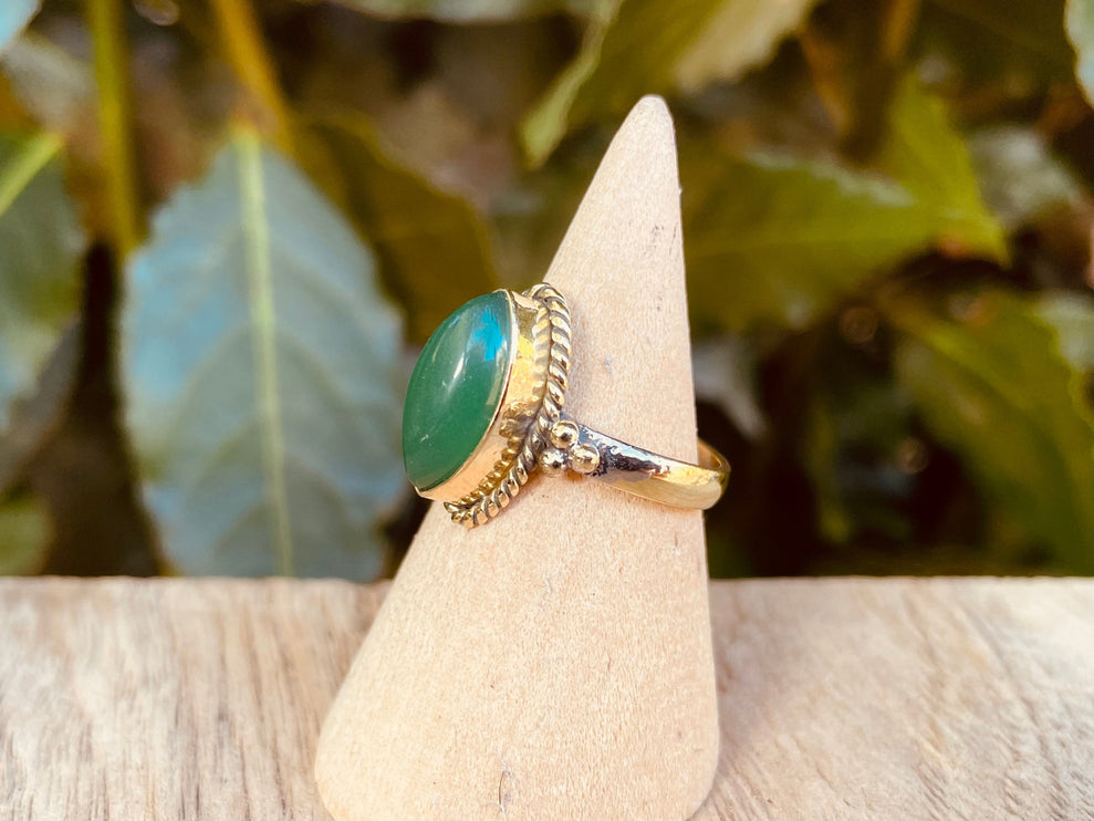 Boho Green Onyx Brass Ring / Pretty / Ethnic / Rustic / Festival / Tribal / Blue / Hippie / Gypsy / Psy / Stone / Healing