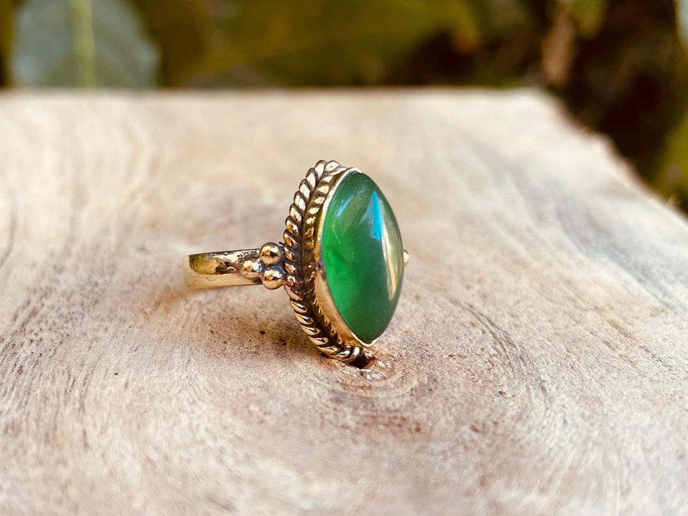 Boho Green Onyx Brass Ring / Pretty / Ethnic / Rustic / Festival / Tribal / Blue / Hippie / Gypsy / Psy / Stone / Healing