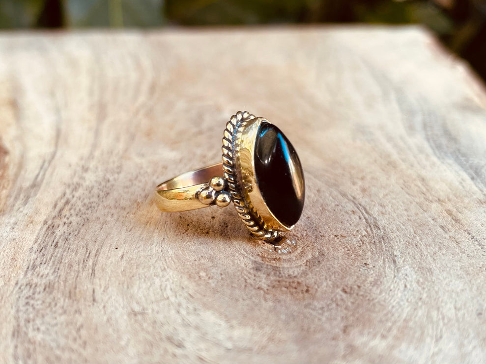 Ethnique Bague Laiton Onyx Noir / Chakra / Boho / Mixte / Bohemian / Rustique / Tribal / Festival / Soigner / Festival / Bijou / Joli