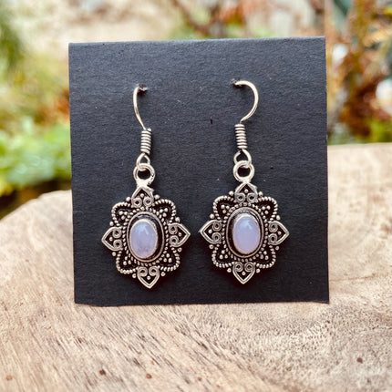 Rose Quartz earrings Silver Drop Dangle earrings / Birth Stone / Ethnic / rustic, yoga, hippie, gypsy, pretty, psy, boho, bohemian, festival