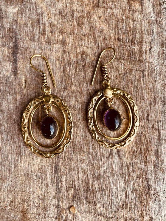 Amethyst Earrings Dangle Brass Ethnic, rustic, yoga, hippie, gypsy, pretty, psy, boho, bohemian, festival