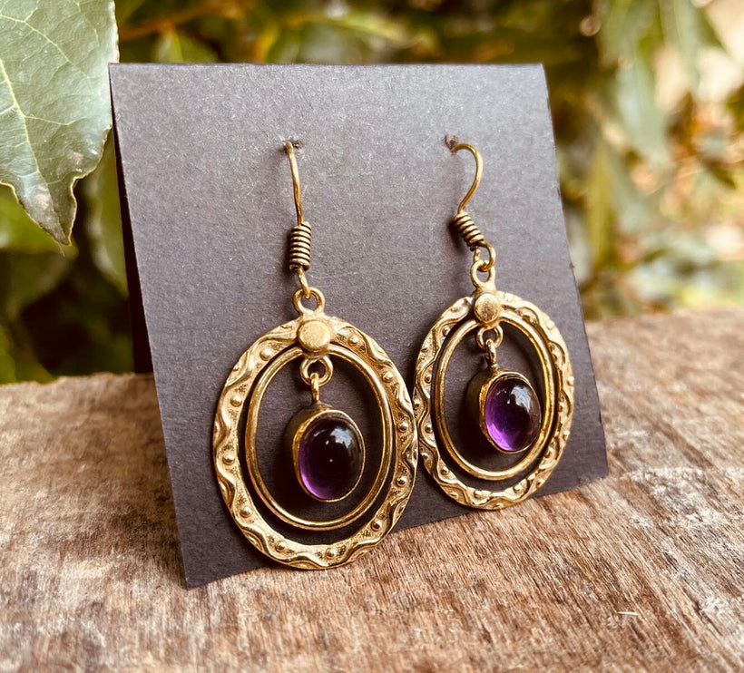 Amethyst Earrings Dangle Brass Ethnic, rustic, yoga, hippie, gypsy, pretty, psy, boho, bohemian, festival