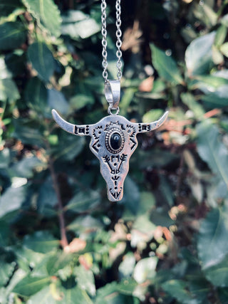 Black Onyx Silver Cow Necklace / Talisman / Third Eye / Hypoallergenic / Brass / Boho / Inca / Ethnic / Illuminati