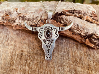 Black Onyx Silver Cow Necklace / Talisman / Third Eye / Hypoallergenic / Brass / Boho / Inca / Ethnic / Illuminati