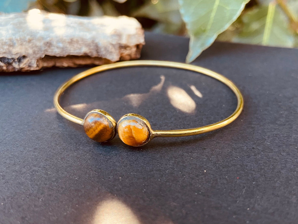 Gold Bracelet & Tiger Eye / Brass / Adjustable / Spiral / Ethnic / Rustic / Bohemian / Boho / 