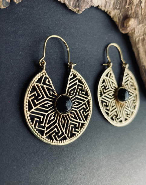 Aztec Black Onyx Gold Hoop Earrings Ethnic, rustic, yoga, hippie, gypsy, pretty, psy, boho, bohemian, festival