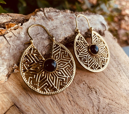 Aztec Black Onyx Gold Hoop Earrings Ethnic, rustic, yoga, hippie, gypsy, pretty, psy, boho, bohemian, festival