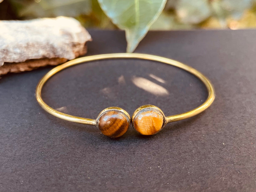 Gold Bracelet & Tiger Eye / Brass / Adjustable / Spiral / Ethnic / Rustic / Bohemian / Boho / 