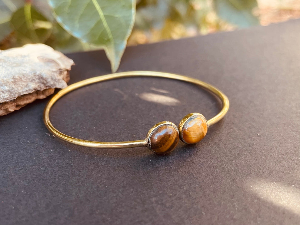 Gold Bracelet & Tiger Eye / Brass / Adjustable / Spiral / Ethnic / Rustic / Bohemian / Boho / 