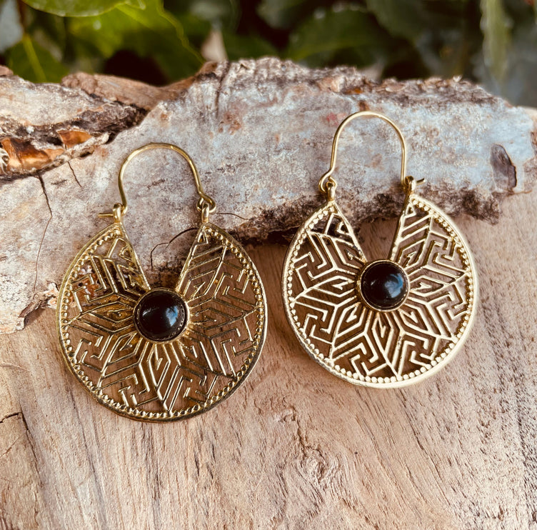 Aztec Black Onyx Gold Hoop Earrings Ethnic, rustic, yoga, hippie, gypsy, pretty, psy, boho, bohemian, festival