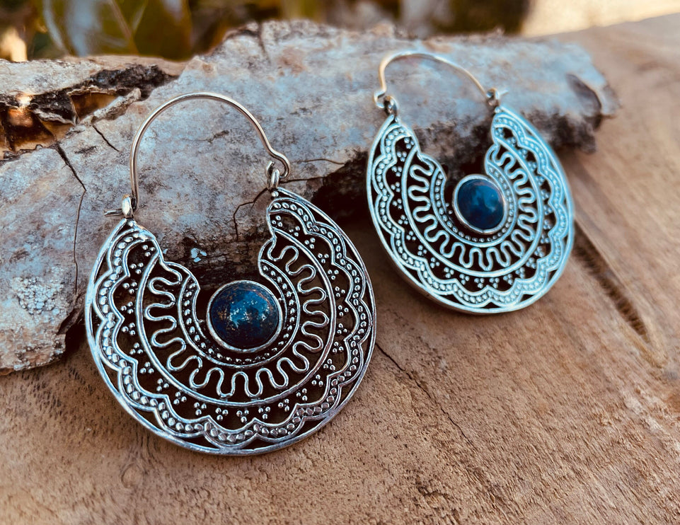 Silver Ethnic Lapis Lazuli Earrings Ethnic, Blue Stone , rustic, yoga, hippie, gypsy, pretty, psy, boho, bohemian, festival