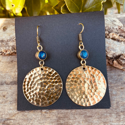 Lapis Lazuli Boucles D'oreilles Pendantes Laiton Effet Martelé, Bohème Ethnique Yoga Rustique Gypsy Bohemian