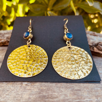 Lapis Lazuli Boucles D'oreilles Pendantes Laiton Effet Martelé, Bohème Ethnique Yoga Rustique Gypsy Bohemian