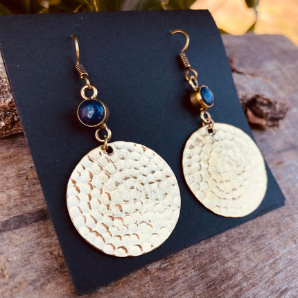 Lapis Lazuli Boucles D'oreilles Pendantes Laiton Effet Martelé, Bohème Ethnique Yoga Rustique Gypsy Bohemian
